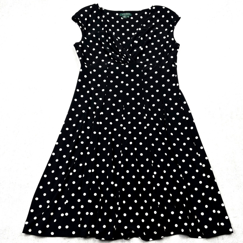 Lauren Ralph Lauren Womens 14P Black Polka Dot Pleated Stretch Jersey Dress 14P